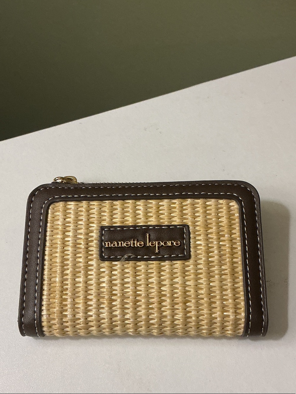 Nanette Lepore Daffy Wallets Natural Straw and Chocolate Zip Card Wallet